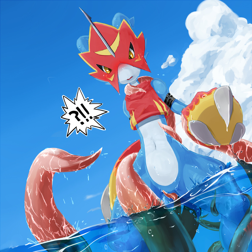 2012 amber_eyes ambiguous_gender anthro armor blue_body blush claws clothed clothing cloud digimon flamedramon furukara helmet looking_at_viewer navel open_mouth outside sky solo spread_legs spreading standing tentacles topless water wet white_body