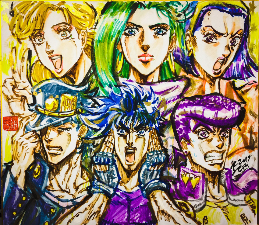 aqua_eyes ashiya_kouhei battle_tendency blonde_hair blue_eyes blue_hair clenched_teeth closed_eyes collarbone diamond_wa_kudakenai fingerless_gloves gakuran gloves green_hair hands_on_own_cheeks hands_on_own_face hat heart higashikata_jousuke higashikata_tomoko highres jojo_no_kimyou_na_bouken joseph_joestar_(young) kuujou_holly kuujou_joutarou lipstick lisa_lisa makeup mother_and_son open_mouth pink_lipstick pompadour purple_eyes purple_hair school_uniform signature stardust_crusaders sweat teeth traditional_media v