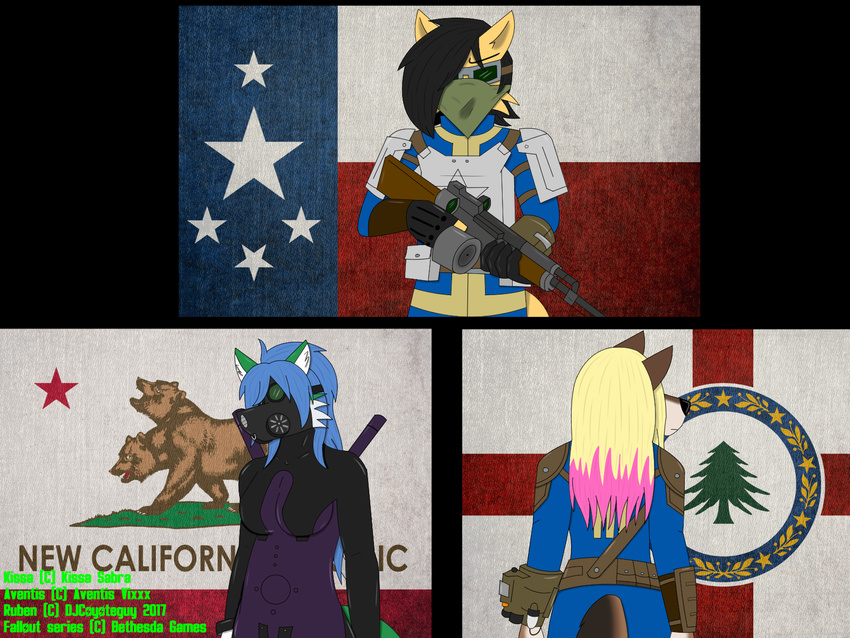 anthro armormelee_weapon aventis breasts canine clothed clothing coyote djcoyoteguy eyewear fallout female flag fox gas_mask goggles gun male mammal mask ranged_weapon rifle ruben_(djcoyoteguy) skintight_suit video_games weapon wolf