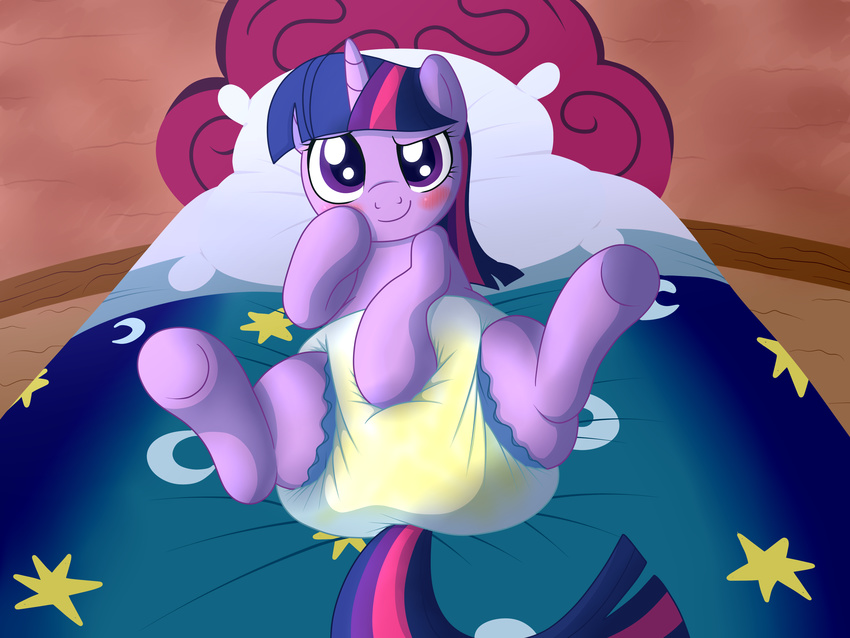 bed blush diaper equine female feral fillyscoots42 friendship_is_magic hair hooves horn looking_at_viewer lying mammal my_little_pony pillow purple_eyes purple_hair smile solo twilight_sparkle_(mlp) unicorn urine wet_diaper