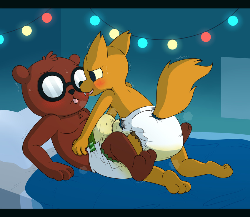 angus_(nitw) anthro bear bed blush brown_fur canine diaper duo eyewear feet fillyscoots42 fox fur glasses gregg_(nitw) invalid_tag male male/male mammal night_in_the_woods teeth tongue urine wet_diaper yellow_fur