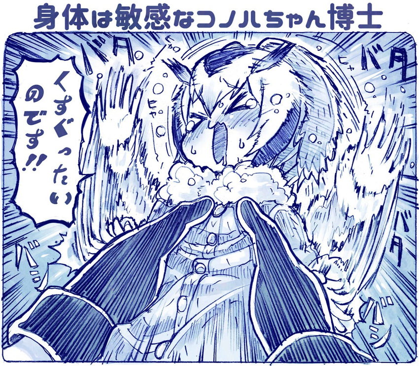 &gt;_&lt; blue blush closed_eyes coat commentary_request eyebrows_visible_through_hair flailing fur_collar gloves hands head_wings hitting holding kemono_friends long_sleeves minigirl monochrome multicolored_hair northern_white-faced_owl_(kemono_friends) open_mouth sakino_shingetsu saliva short_hair tantrum tears translated trembling
