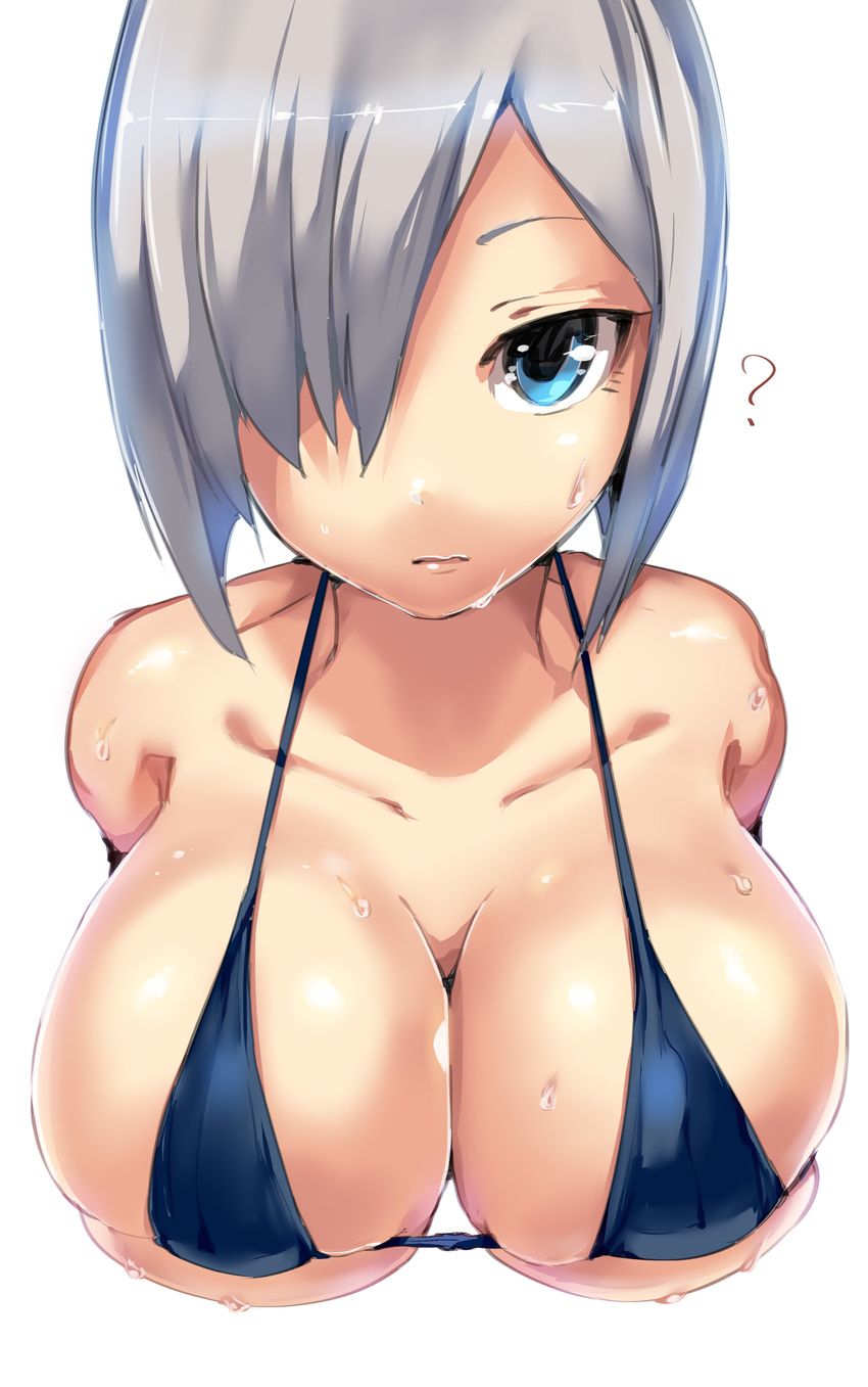 ? absurdres bad_id bad_pixiv_id bikini blue_bikini blue_eyes breasts cleavage closed_mouth collarbone commentary_request hair_over_one_eye hamakaze_(kantai_collection) highres kantai_collection large_breasts looking_at_viewer satou_daiji short_hair silver_hair simple_background skindentation solo swimsuit upper_body wet white_background