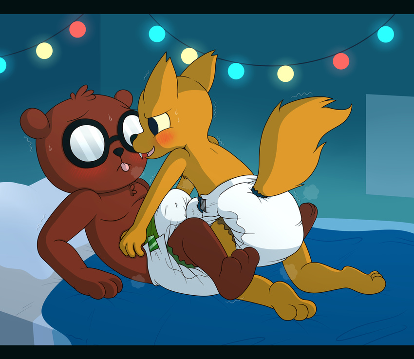 angus_(nitw) anthro bear bed blush brown_fur canine diaper duo eyewear feet fillyscoots42 fox fur glasses gregg_(nitw) invalid_tag male male/male mammal night_in_the_woods teeth tongue yellow_fur