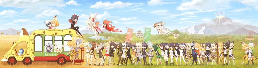 :d absurdres african_wild_dog_(kemono_friends) african_wild_dog_print alpaca_ears alpaca_suri_(kemono_friends) american_beaver_(kemono_friends) animal_ears animal_print ankle_wrap antlers aqua_hair arabian_oryx_(kemono_friends) armadillo_ears armor aurochs_(kemono_friends) banner bear_ears bear_paw_hammer bear_tail beaver_ears beaver_tail bionekojita bird_tail black-tailed_prairie_dog_(kemono_friends) black_eyes black_gloves black_hair black_legwear blonde_hair blue_eyes blue_sky bow bowtie brown_bear_(kemono_friends) brown_eyes brown_hair brown_legwear camouflage_trim campo_flicker_(kemono_friends) carrying cat_ears cat_tail chameleon_tail closed_eyes commentary common_raccoon_(kemono_friends) crested_porcupine_(kemono_friends) day dog_ears dog_tail dual_persona elbow_gloves emperor_penguin_(kemono_friends) eurasian_eagle_owl_(kemono_friends) everyone ezo_red_fox_(kemono_friends) fennec_(kemono_friends) ferris_wheel flying fox_ears fox_tail fur_collar gentoo_penguin_(kemono_friends) geta giant_armadillo_(kemono_friends) giraffe_ears giraffe_horns giraffe_print glasses gloves golden_snub-nosed_monkey_(kemono_friends) gradient_hair green_hair grey_gloves grey_hair grey_legwear grey_wolf_(kemono_friends) hair_over_one_eye hands_in_pockets hat hat_feather head_wings headphones helmet heterochromia high-waist_skirt highres hippopotamus_(kemono_friends) hippopotamus_ears hood hoodie horns humboldt_penguin_(kemono_friends) jacket jaguar_(kemono_friends) jaguar_ears jaguar_print japanese_black_bear_(kemono_friends) japanese_crested_ibis_(kemono_friends) japari_bus kaban_(kemono_friends) kemono_friends kneehighs landscape lion_(kemono_friends) lion_ears long_hair lucky_beast_(kemono_friends) margay_(kemono_friends) margay_print mirai_(kemono_friends) monkey_ears moose_(kemono_friends) moose_ears moose_tail mountain multicolored_hair multiple_girls nature necktie northern_white-faced_owl_(kemono_friends) open_mouth orange_eyes oryx_ears otter_ears outdoors panther_chameleon_(kemono_friends) pantyhose pith_helmet ponytail porcupine_ears prairie_dog_ears print_gloves print_legwear print_skirt raccoon_ears red_eyes red_hair red_legwear reticulated_giraffe_(kemono_friends) rhinoceros_ears rockhopper_penguin_(kemono_friends) royal_penguin_(kemono_friends) sand_cat_(kemono_friends) sandstar scarlet_ibis_(kemono_friends) serval_(kemono_friends) serval_ears serval_print serval_tail shoebill_(kemono_friends) short_hair silver_fox_(kemono_friends) skirt sky small-clawed_otter_(kemono_friends) smile snake_tail staff striped_tail tail tengu-geta thighhighs tsuchinoko_(kemono_friends) twintails volcano white_hair white_legwear white_rhinoceros_(kemono_friends) wolf_ears wolf_tail yellow_eyes yellow_legwear