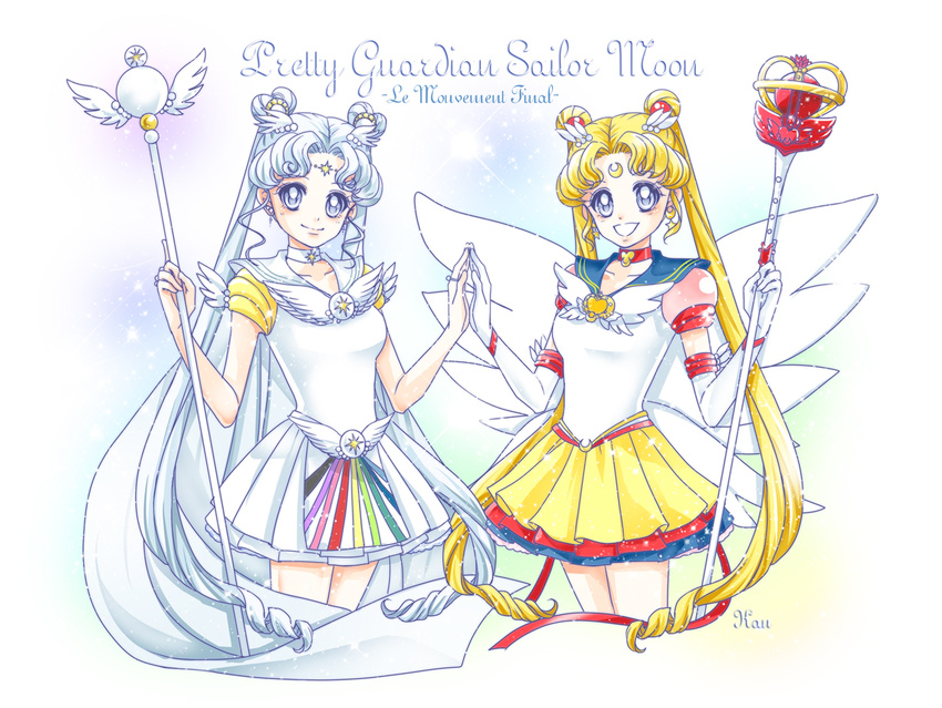 :d artist_name bishoujo_senshi_sailor_moon blonde_hair blue_sailor_collar choker closed_mouth copyright_name cowboy_shot crescent double_bun earrings elbow_gloves eternal_sailor_moon eternal_tiare facial_mark forehead_mark gloves hair_ornament hairpin holding holding_staff jewelry layered_skirt long_hair looking_at_viewer magical_girl multiple_girls open_mouth pleated_skirt red_choker ring sailor_collar sailor_cosmos sailor_moon sailor_senshi sailor_senshi_uniform sarashina_kau silver_eyes skirt smile staff star star_choker symmetry tsukino_usagi twintails white_background white_choker white_gloves white_hair white_sailor_collar white_skirt white_wings wings yellow_skirt
