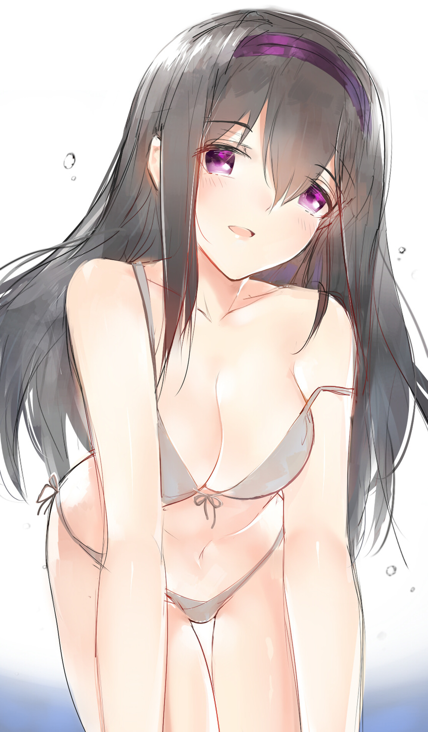 akemi_homura alternate_breast_size bangs bare_arms bare_shoulders bent_over bikini black_hair blush breasts cleavage collarbone cowboy_shot eyebrows_visible_through_hair front-tie_bikini front-tie_top gradient gradient_background grey_bikini grey_ribbon hair_between_eyes hairband hanging_breasts head_tilt highres horz large_breasts long_hair looking_at_viewer mahou_shoujo_madoka_magica navel open_mouth purple_eyes purple_hairband side-tie_bikini sketch smile solo standing stomach strap_slip swimsuit tareme thigh_gap thighs very_long_hair white_background