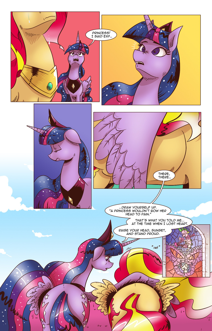 2017 comic crown dialogue english_text equestria_girls equine female friendship_is_magic horn jewelry mammal my_little_pony necklace saturdaymorningproj spike_(mlp) sunset_shimmer_(eg) tears text twilight_sparkle_(mlp) winged_unicorn wings