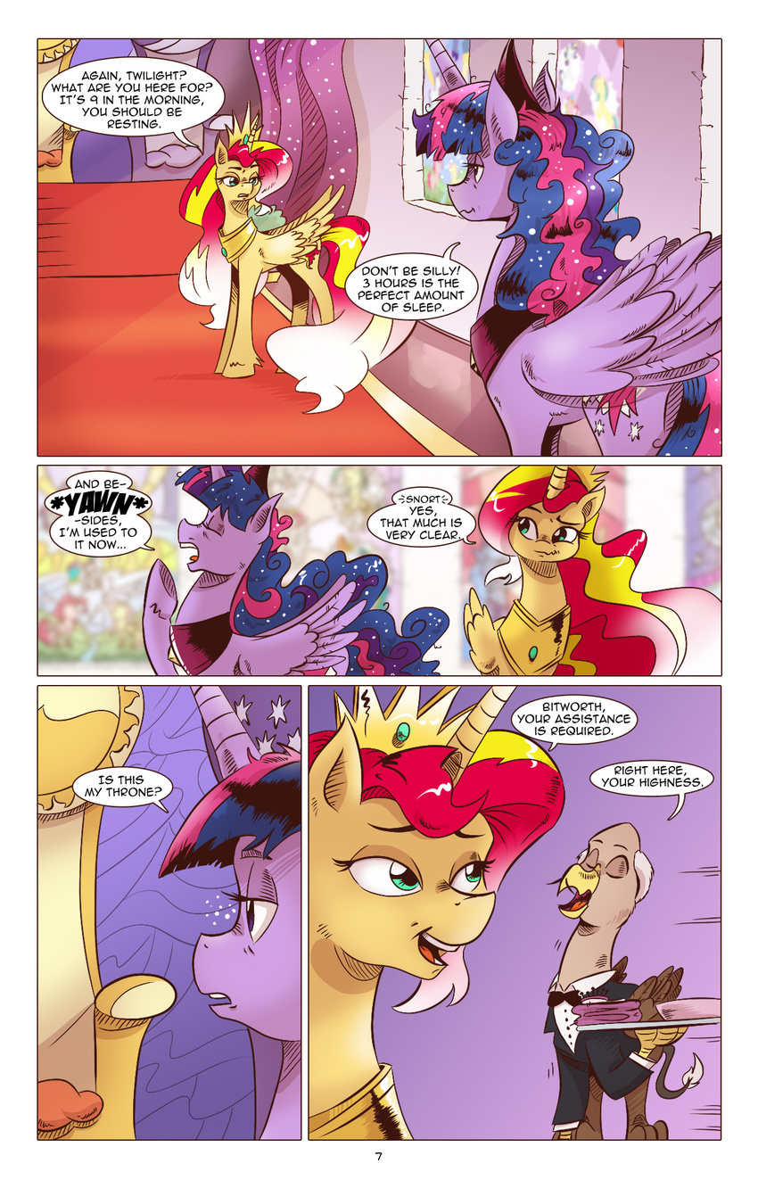 2017 avian awake chair comic crown dialogue english_text equestria_girls equine female friendship_is_magic gryphon horn jewelry mammal my_little_pony necklace saturdaymorningproj stained_glass sunset_shimmer_(eg) text throne tired twilight_sparkle_(mlp) winged_unicorn wings