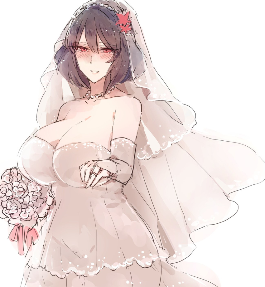 alternate_costume bangs bare_shoulders blush bouquet breasts bridal_gauntlets bridal_veil bura cleavage collarbone commentary_request curvy dress flower hair_between_eyes happy highres hips huge_breasts jewelry looking_at_viewer necklace nose_blush purple_hair red_eyes ring shiny shiny_hair short_hair simple_background sketch smile solo tearing_up touhou veil wedding_band wedding_dress white_background white_dress white_flower yasaka_kanako