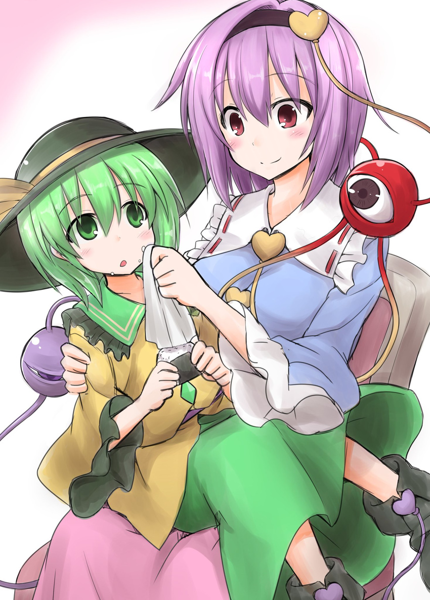 black_hairband black_hat blue_shirt blush breasts closed_mouth commentary_request eyeball food frilled_shirt_collar frilled_sleeves frills green_eyes green_hair green_skirt hairband handkerchief hat hat_ribbon heart highres karu0000 komeiji_koishi komeiji_satori long_sleeves looking_at_another medium_breasts multiple_girls onigiri pink_skirt purple_hair red_eyes ribbon shirt siblings sisters sitting skirt smile third_eye touhou wide_sleeves wiping_mouth yellow_ribbon yellow_shirt