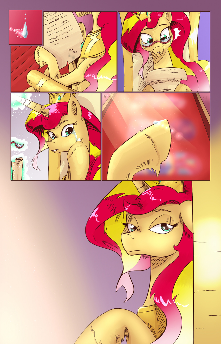 2017 blue_eyes canterlot castle chair comic crown equestria_girls equine eyewear female glasses horn jewelry letter mammal my_little_pony necklace saturdaymorningproj sunset_shimmer_(eg) tears throne winged_unicorn wings