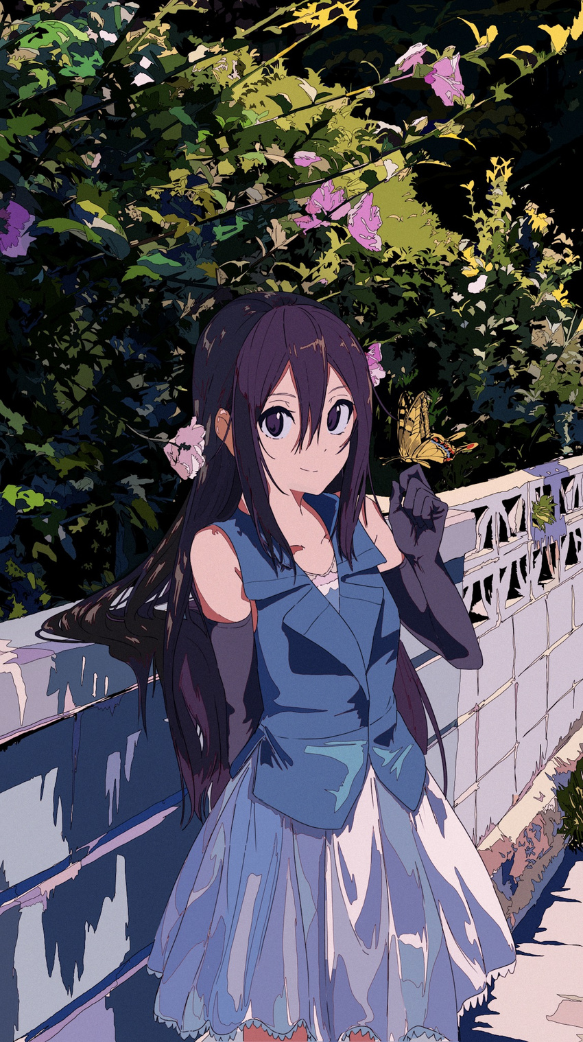 bare_shoulders bug butterfly dress elbow_gloves flower gloves highres insect kogecha_(coge_ch) long_hair looking_at_viewer original purple_eyes purple_gloves purple_hair sleeveless solo vest