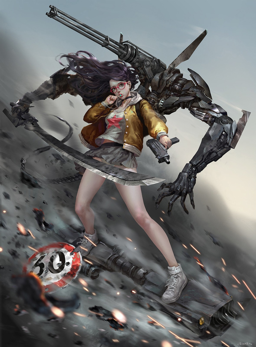 artist_name black_choker breasts brown_eyes buttons candy choker collarbone day earrings finger_on_trigger floating_hair food full_body gatling_gun glasses grey_skirt gun hand_up highres holding holding_gun holding_sword holding_weapon hood hood_down hooded_jacket hover_board imi_uzi jacket jewelry kouchong_wen legs legs_apart letterman_jacket lollipop long_sleeves looking_at_viewer machine_gun machinery mechanical_arm minigun miniskirt multiple_arms no_socks open_clothes open_jacket original outdoors pleated_skirt purple_hair red-framed_eyewear shards shirt shoelaces shoes skirt sky small_breasts smoke sneakers solo standing standing_on_object star star_earrings star_print submachine_gun sword undershirt weapon white_footwear white_shirt wind yellow_jacket