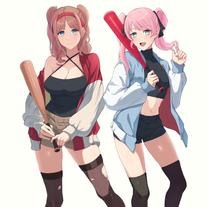 2girls absurdres alternate_hairstyle bang_dream! bang_dream!_it's_mygo!!!!! baseball_bat black_camisole black_ribbon black_shirt black_shorts black_thighhighs blue_eyes blue_jacket blush breasts brown_hair brown_shorts camisole chihaya_anon cleavage closed_mouth commentary criss-cross_straps crop_top english_commentary fang grey_eyes hair_ribbon hairband highres holding holding_baseball_bat jacket large_breasts long_hair medium_breasts midriff miyamu multicolored_jacket multiple_girls nagasaki_soyo navel open_clothes open_jacket open_mouth pink_hair red_hairband red_jacket ribbon shirt shorts simple_background single_off_shoulder skin_fang skindentation thighhighs torn_clothes torn_thighhighs turtleneck twintails twirling_hair two-tone_jacket two_side_up white_background white_jacket