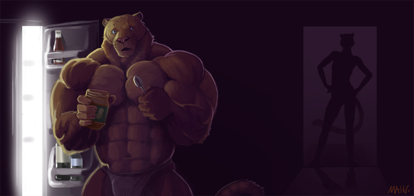2011 anthro bulge caught clothed clothing feline female food herc_the_liger hybrid liger lion mainlion male mammal muscular muscular_male nanette_the_liger partially_clothed tiger underwear