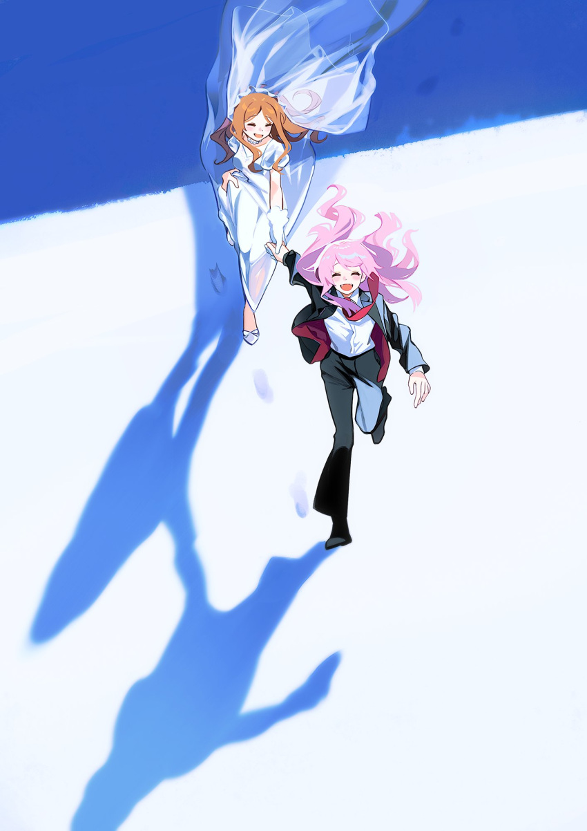2girls bang_dream! bang_dream!_it's_mygo!!!!! black_jacket black_pants blush bridal_veil brown_hair chihaya_anon closed_eyes commentary_request dress fangs gloves highres holding_hands jacket long_hair multiple_girls nagasaki_soyo necktie open_clothes open_jacket open_mouth pants pink_hair red_necktie running shirt veil wedding_dress white_dress white_gloves white_shirt wife_and_wife yayako_(804907150)