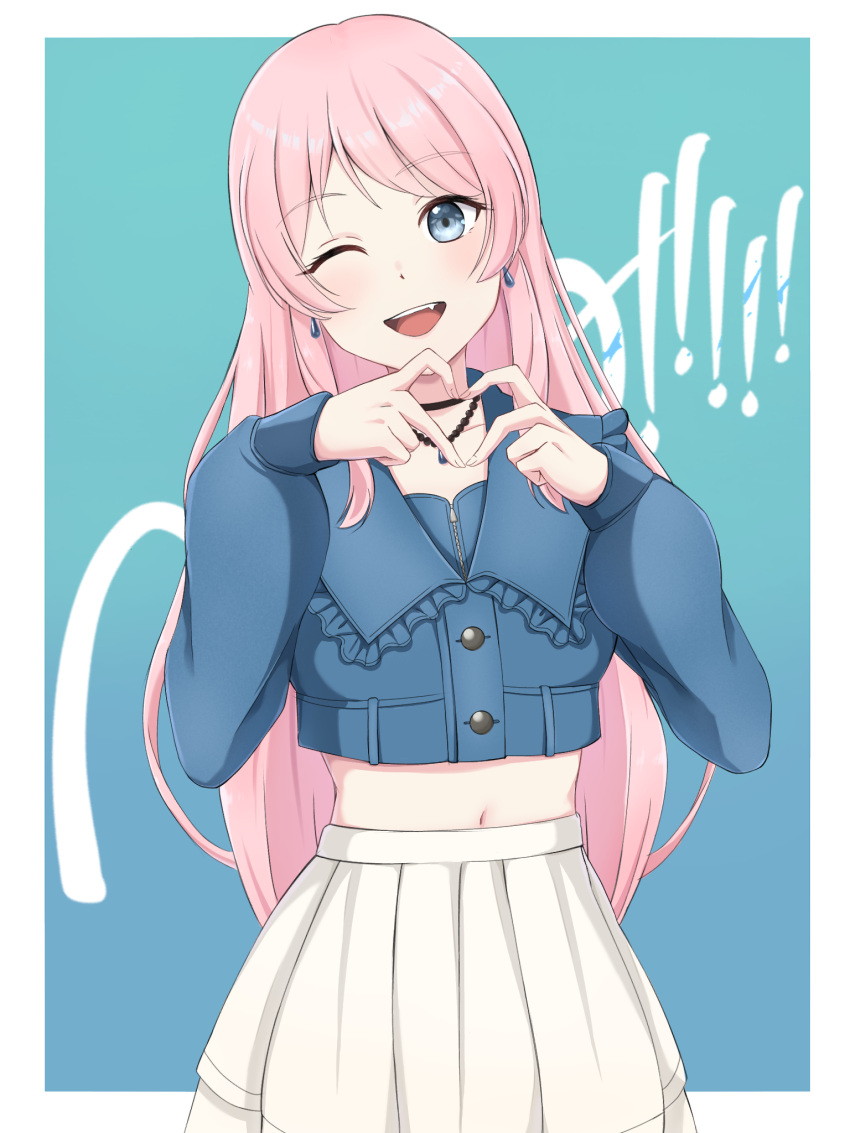 1girl 4-finger_heart_hands bang_dream! bang_dream!_it's_mygo!!!!! black_choker blue_background blue_jacket border chihaya_anon choker commentary earrings fang frilled_jacket frills gradient_background grey_eyes heart heart_hands highres jacket jewelry long_hair midriff miyamu mygo!!!!!_logo_(bang_dream!) navel necklace one_eye_closed open_mouth outside_border pink_hair pleated_skirt skirt solo symbol-only_commentary teeth upper_teeth_only white_border white_skirt zipper_pull_tab
