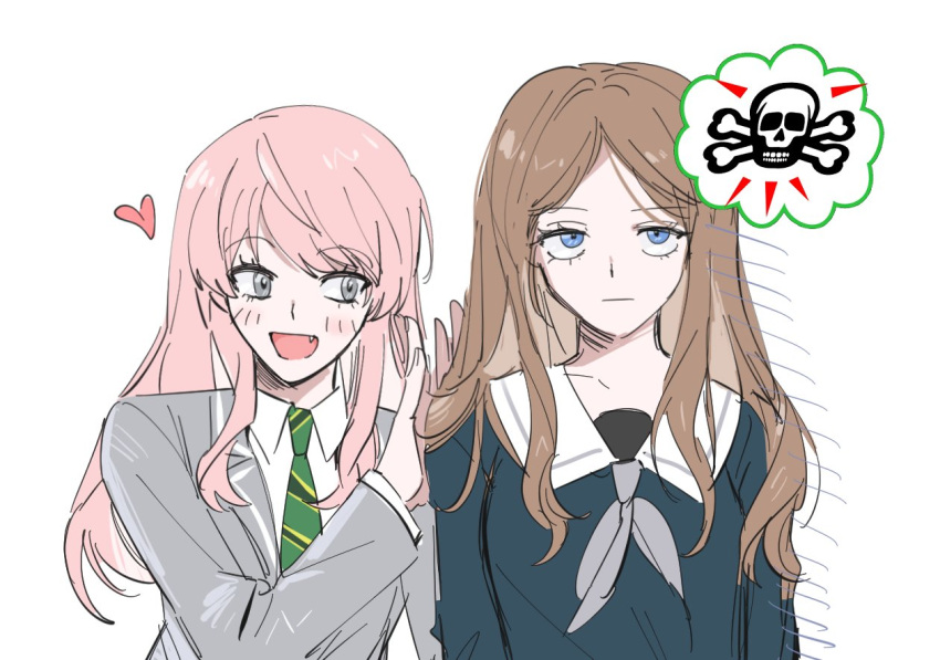 2girls antk_lego bang_dream! bang_dream!_it's_mygo!!!!! blue_eyes blue_shirt blush brown_hair chihaya_anon commentary diagonal-striped_clothes diagonal-striped_necktie fang green_necktie grey_eyes grey_jacket grey_neckerchief heart jacket korean_commentary long_hair long_sleeves multiple_girls nagasaki_soyo neckerchief necktie open_mouth pink_hair school_uniform shirt sidelocks simple_background skull striped_clothes tsukinomori_school_uniform unamused upper_body white_background