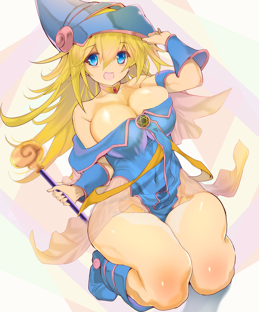 bare_shoulders blonde_hair blue_eyes blue_footwear blush blush_stickers boots breasts choker cleavage dark_magician_girl duel_monster hat highres large_breasts long_hair mokomoko_yanakku open_mouth pentacle smile solo staff wizard_hat yuu-gi-ou yuu-gi-ou_duel_monsters