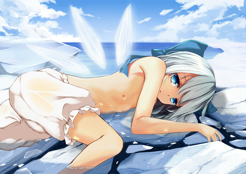 absurdres bloomers blue_bow blue_eyes blue_hair blue_sky bow breasts cirno cloud cloudy_sky day hair_bow highres ice ice_wings ke-ta_(style) looking_at_viewer mu_yan nipples outdoors partially_submerged sky small_breasts solo tan tanned_cirno topless touhou underwear water wet wet_clothes wings