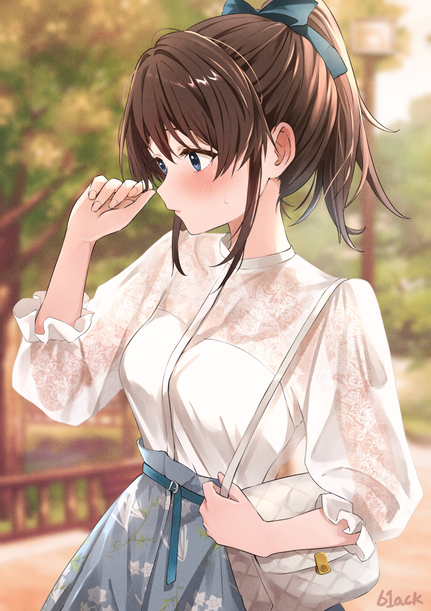 1girl absurdres b1ack_illust bag belt blue_belt blue_eyes blue_ribbon blue_skirt blurry blurry_background blush brown_hair cowboy_shot eyelashes fence floral_print floral_print_shirt floral_print_skirt frilled_sleeves frills grass hair_ribbon handbag highres idolmaster idolmaster_million_live! idolmaster_million_live!_theater_days lamppost looking_to_the_side outdoors park ponytail ribbon satake_minako see-through_clothes shirt signature skirt solo sweatdrop tree white_shirt