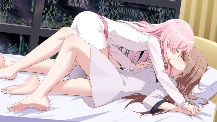 2girls absurdres bang_dream! bang_dream!_it's_mygo!!!!! barefoot brown_hair chihaya_anon chinese_clothes closed_eyes commentary_request dress groping highres holding_hands indoors interlocked_fingers jacket kiss lemon_kele long_hair long_sleeves lying multiple_girls nagasaki_soyo on_back on_bed pajamas partial_commentary pink_hair shorts white_dress white_jacket white_shorts yuri