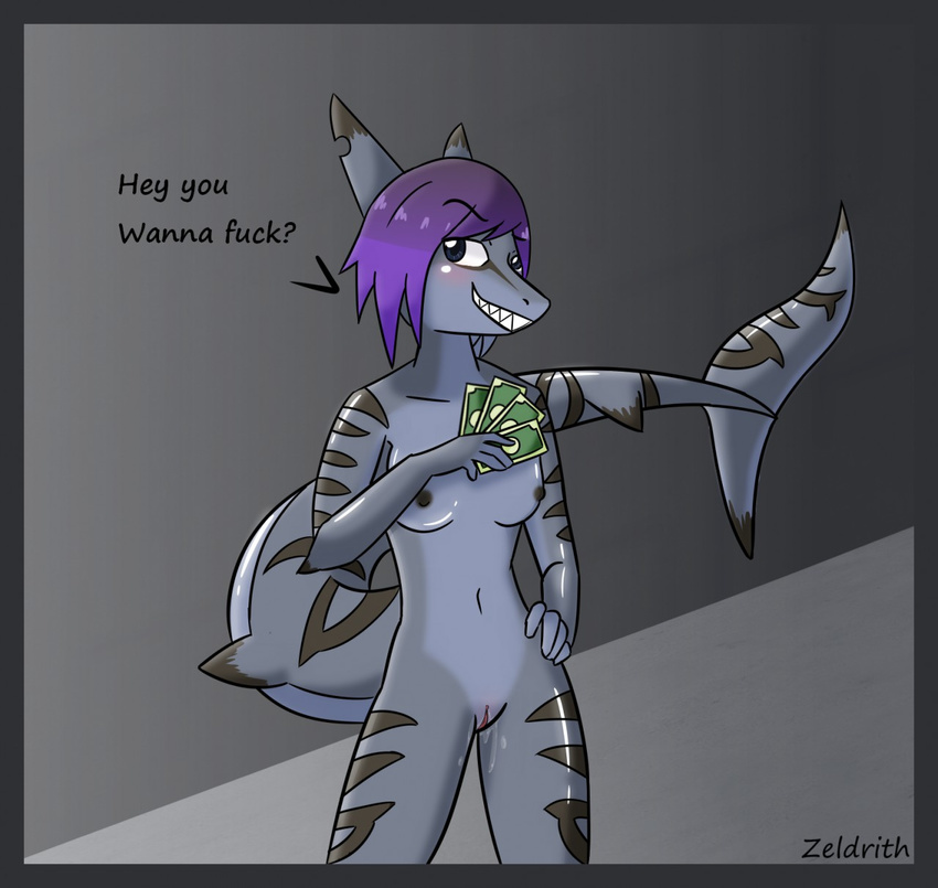 anthro breasts female fish hair jesse_tracer marine money nipples nude prostitution purple_hair pussy pussy_juice scalie shark simple_background smile solo teeth zeldrith
