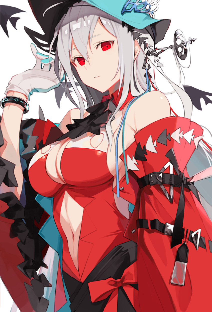 1girl aqua_hat arknights arm_strap ascot bare_shoulders black_ascot bracelet breasts cleavage clothing_cutout commentary detached_sleeves dress fish frilled_sleeves frills grey_hair hand_up hat highres infection_monitor_(arknights) jewelry large_breasts long_hair long_sleeves looking_at_viewer navel navel_cutout official_alternate_costume parted_lips red_dress red_eyes revision simple_background skadi_(arknights) skadi_the_corrupting_heart_(arknights) solo upper_body very_long_hair white_background wide_sleeves zangyaacco