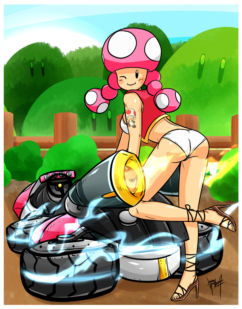 absurdres bush commentary fence go_kart high_heels highres i_am_jemboy leg_up mario_kart_8 one_eye_closed race_queen smile solo tattoo toadette vest