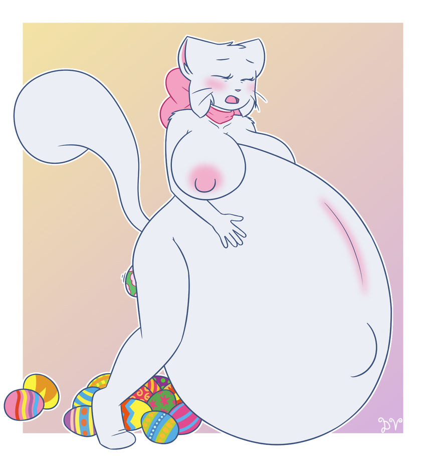 anthro areola belly big_belly big_breasts bittersweet_candy_bowl bow breasts cat dawnvula egg feline female fur huge_breasts inflation lucy_(bcb) mammal nipples nude oviposition simple_background teenager webcomic white_fur young