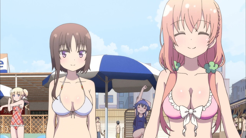 3girls bikini blonde_hair blue_eyes blush brown_hair eyes_closed hagino_chiaki hiiragi_mayuki hinako_note multiple_girls pink_bikini purple_eyes sakuragi_hinako swimwear white_bikini