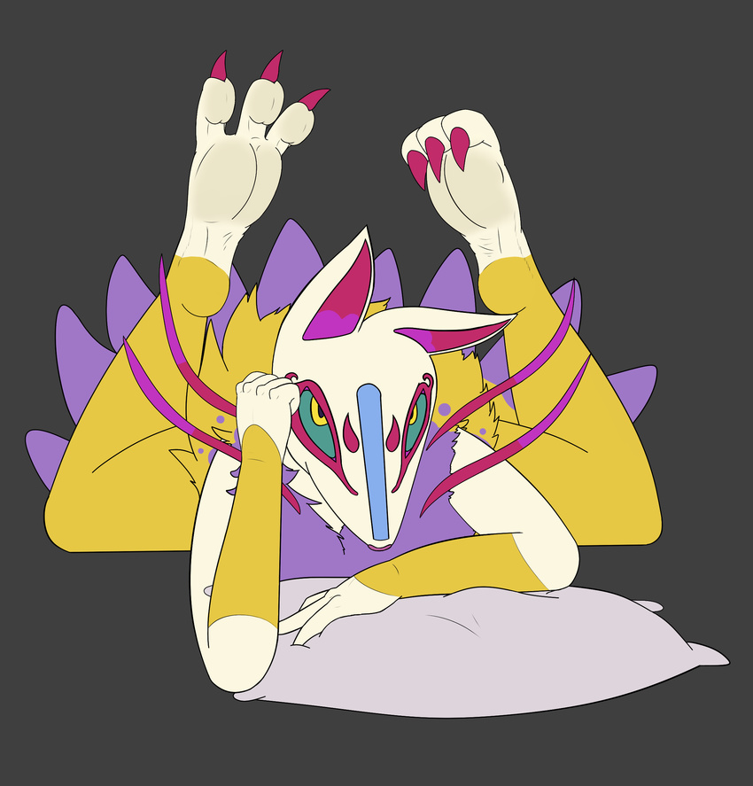 2017 3_toes 5_fingers anthro blue_sclera canine claws digital_media_(artwork) firebadger foot_focus fox fur hi_res hindpaw kyubi_(yo-kai_watch) legs_up looking_at_viewer lying male mammal markings multi_tail on_front paws pillow pink_markings purple_fur simple_background smile soles solo toe_claws toes video_games white_fur yellow_fur yo-kai_watch