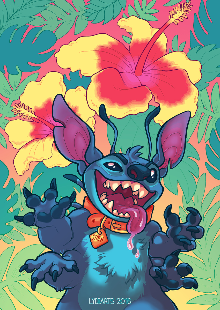 2016 4_arms 4_fingers alien antennae back_spines blue_claws blue_eyes blue_fur blue_nose chest_tuft claws collar crazed disney doirn_(artist) drooling experiment_(species) fangs flower fur gradient_background head_tuft hi_res hibiscus lilo_and_stitch looking_at_viewer multi_arm multi_limb notched_ear plant saliva simple_background solo stitch tropical tuft