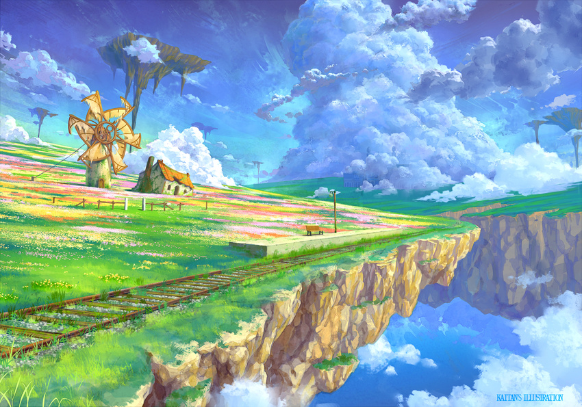 bench cloud colorful commentary day fantasy fence field floating_island flower grass house kaitan lamppost landscape no_humans original plant railroad_tracks ruins scenery sky train_station vines windmill