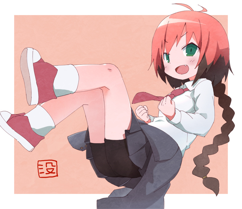 :d bad_id bad_pixiv_id black_shorts blush brown_hair clenched_hands fang green_eyes grey_skirt kill_me_baby kneehighs long_hair looking_at_viewer medium_hair multicolored_hair necktie okayparium open_mouth red_hair red_neckwear school_uniform shoes shorts skirt smile sneakers solo translation_request unused_character