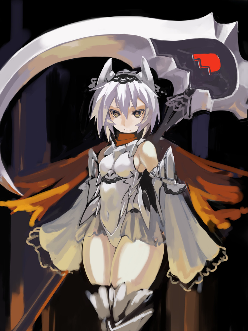 absurdres bare_shoulders breasts detached_sleeves headgear highres leotard long_sleeves puribate_(helgoland) scythe small_breasts solo white_hair white_leotard wide_hips yellow_eyes