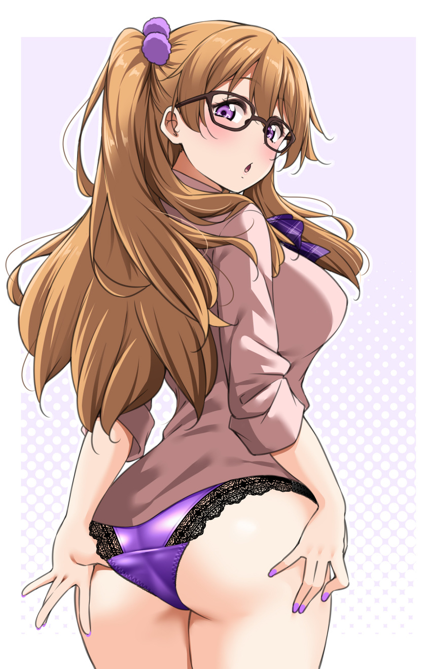 1girl :o ass bow breasts brown_hair from_behind glasses hair_ornament highres konoe_kanata lace-trimmed_panties lace_trim large_breasts looking_at_viewer looking_back love_live! love_live!_nijigasaki_high_school_idol_club no_pants panties parted_lips pink_shirt plaid_bow pom_pom_(clothes) pom_pom_hair_ornament purple_bow purple_eyes purple_nails purple_panties shirt solo two_side_up underwear yopparai_oni