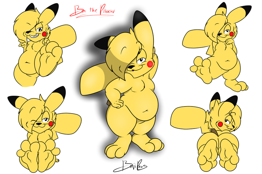 3_toes bangs belly ben_(benjipaws) benjipaws big_feet big_tail butt featureless_crotch foot_fetish fur hair long_hair looking_at_viewer looking_back looking_down looking_up lying male mammal moobs mouse nintendo nude on_front overweight paws pikachu pok&eacute;mon rodent simple_background sitting slightly_chubby solo standing stomping toes video_games white_background yellow_fur