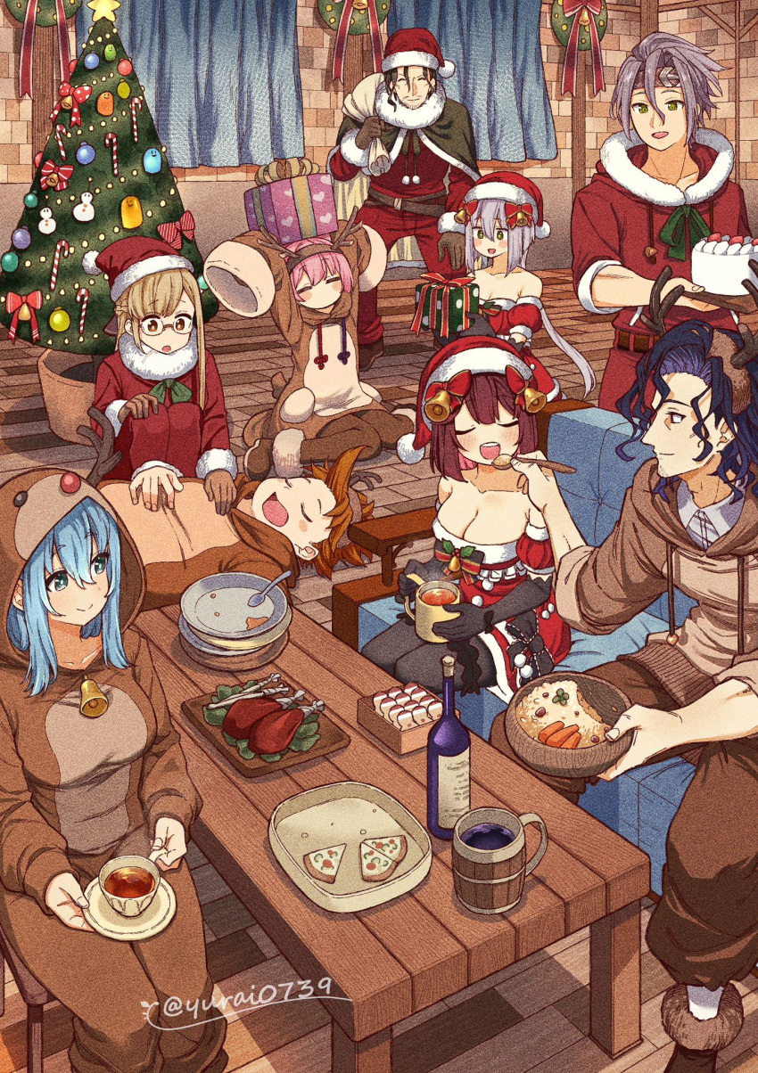 animal_costume atelier_(series) atelier_sophie christmas christmas_tree corneria_(atelier) food fritz_weissberg gift harol_simens hat highres julio_sebald_leidenschaft leon_(atelier) monika_ellmenreich oskar_behlmer pizza plachta santa_hat sophie_neuenmuller yurai0739