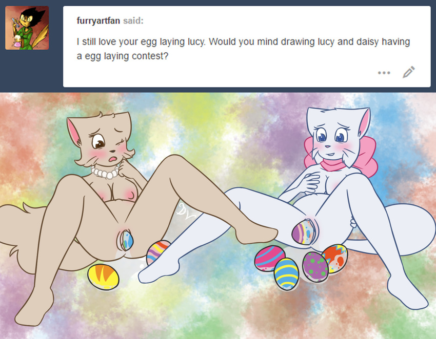 anthro areola ask_blog bittersweet_candy_bowl bow breasts cat daisy_(bcb) dawnvula duo egg feline female fur jewelry lucy_(bcb) mammal necklace nipples nude oviposition pussy pussy_juice simple_background spreading teenager webcomic young
