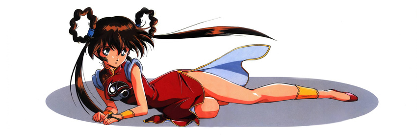 90s bracer braid brown_hair china_dress chinese_clothes dress dress_shirt floating_hair full_body green_hair highres long_hair looking_at_viewer lying mamono_hunter_youko mano_youko marker_(medium) miyao_gaku official_art on_side shirt side_slit sleeveless solo traditional_media twin_braids twintails white_background yin_yang