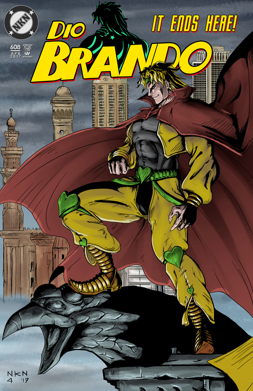 absurdres batman_(series) birthmark blonde_hair building cape commentary dated dc_comics dio_brando english english_commentary fingernails headband heart highres huge_filesize joestar_birthmark jojo_no_kimyou_na_bouken knee_pads male_focus muscle nikunja parody pointy_shoes red_eyes scar sharp_fingernails shoes signature skyscraper smile solo stardust_crusaders