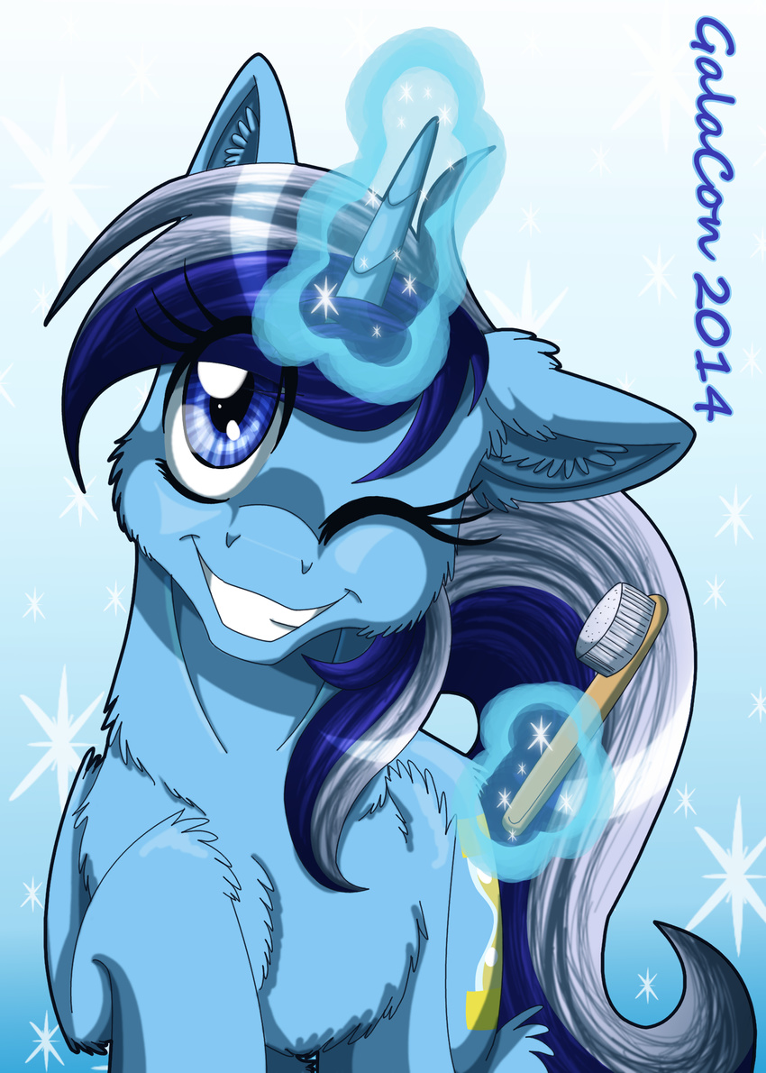 2014 blue_eyes blue_fur blue_hair colgate_(mlp) cutie_mark english_text equine female feral friendship_is_magic fur glowing hair hi_res horn inuhoshi-to-darkpen looking_at_viewer magic mammal multicolored_hair my_little_pony one_eye_closed smile solo sparkles teeth text toothbrush two_tone_hair unicorn white_hair wink