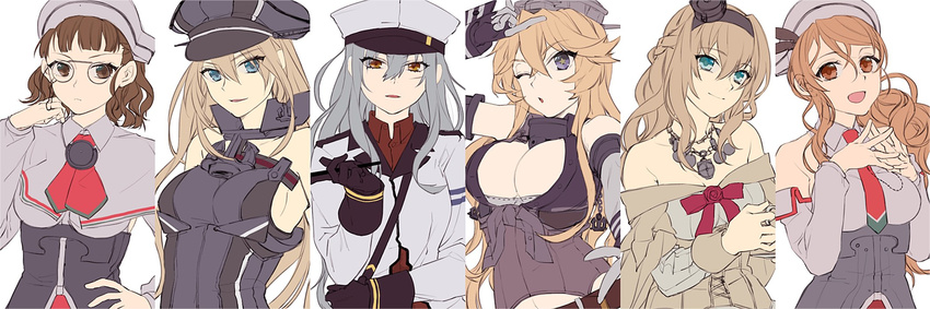 anchor aqua_eyes bangs bare_shoulders bismarck_(kantai_collection) black_gloves blonde_hair blue_eyes blunt_bangs braid breasts brown_eyes brown_hair capelet chin_rest cleavage collarbone corset crown detached_sleeves dress elbow_gloves eyebrows_visible_through_hair fingerless_gloves flower french_braid front-tie_top gangut_(kantai_collection) glasses gloves grey_hair hair_between_eyes hair_ornament hairband hand_on_hip hat headdress headgear headwear highres hita_(hitapita) iowa_(kantai_collection) jacket jewelry kantai_collection large_breasts littorio_(kantai_collection) long_hair long_sleeves looking_at_viewer military military_hat military_uniform mini_crown multiple_girls necklace necktie off-shoulder_dress off_shoulder peaked_cap pince-nez pipe ponytail red_flower red_ribbon red_rose ribbon roma_(kantai_collection) rose scar shirt short_hair silver_hair simple_background sleeveless sleeveless_shirt smile star star-shaped_pupils symbol-shaped_pupils uniform upper_body warspite_(kantai_collection) wavy_hair white_background white_dress white_jacket