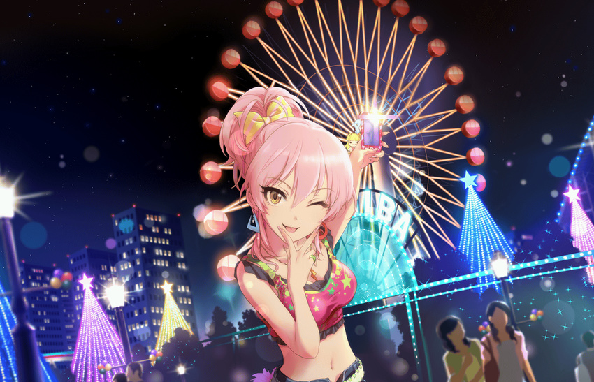 ;p arm_up artist_request balloon bangs bare_arms bare_shoulders belt bow breasts cellphone cellphone_charm cellphone_strap charisma_gyaru_(idolmaster) city cleavage collarbone crop_top denim denim_skirt diagonal_stripes dutch_angle earrings eyebrows_visible_through_hair eyelashes eyes_visible_through_hair ferris_wheel fingernails green_belt hair_between_eyes hair_bow hand_up high_ponytail holding holding_cellphone holding_phone idolmaster idolmaster_cinderella_girls idolmaster_cinderella_girls_starlight_stage jewelry jougasaki_mika lamppost layered_clothing light_particles lightning_bolt lightning_bolt_necklace long_fingernails long_hair looking_at_viewer medium_breasts mismatched_earrings multicolored_shirt navel necklace night night_sky official_art one_eye_closed outdoors parted_bangs phone pink_hair ponytail shirt short_ponytail side_ponytail sidelocks skirt sky sleeveless sleeveless_shirt smartphone solo_focus sparkle standing star star_(sky) star_print starry_sky stomach striped striped_bow tongue tongue_out tree yellow_eyes