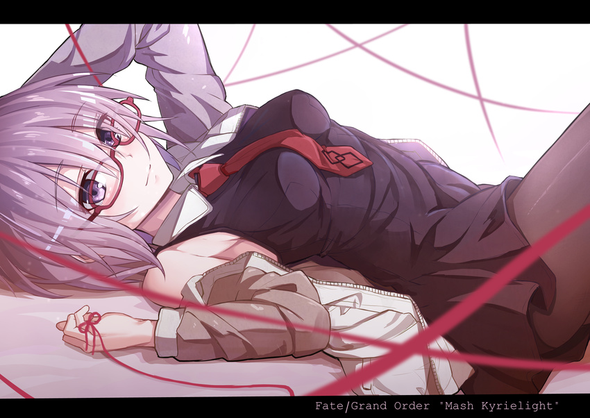absurdres black_legwear breasts eyebrows_visible_through_hair fate/grand_order fate_(series) glasses highres lavender_hair letterboxed light_smile looking_at_viewer lying mash_kyrielight medium_breasts necktie on_back pantyhose purple_eyes red-framed_eyewear red_neckwear red_string shuutou_haruka smile solo string