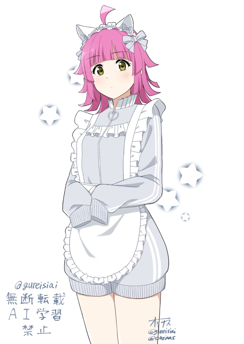 1girl ahoge animal_ears apron artist_name blunt_bangs blunt_ends blush cat_ears commentary cowboy_shot expressionless fake_animal_ears frilled_apron frills grey_jacket grey_shorts highres jacket jersey_maid kishimen_hair long_sleeves looking_at_viewer love_live! love_live!_nijigasaki_high_school_idol_club maid maid_headdress official_alternate_costume ohrinas short_shorts shorts signature sleeves_past_fingers sleeves_past_wrists solo standing star_(symbol) tennoji_rina track_jacket twitter_username unconventional_maid waist_apron white_apron yellow_eyes