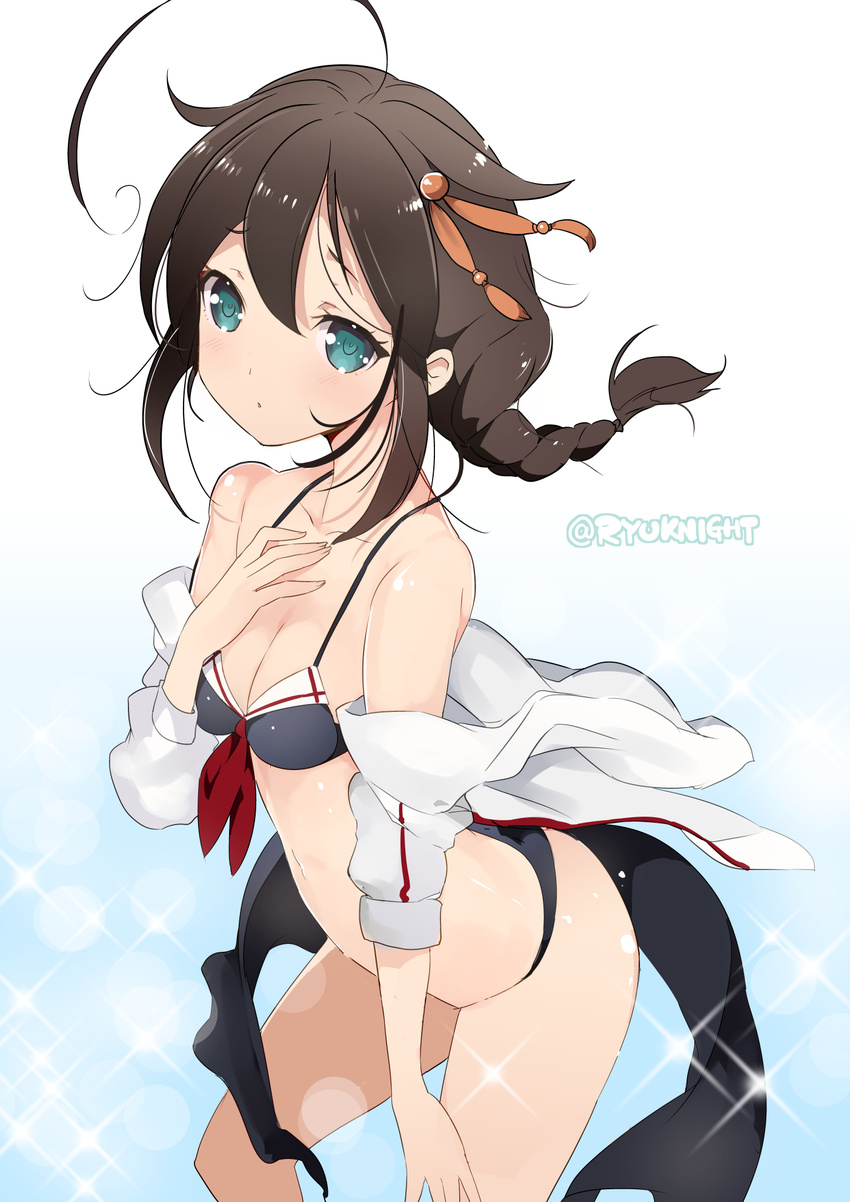 adapted_costume ahoge arched_back bare_shoulders bikini black_hair blue_eyes braid breasts closed_mouth collarbone commentary_request eyebrows_visible_through_hair hair_flaps hair_ornament hair_ribbon hand_on_own_chest highres kantai_collection long_hair naitou_ryuu off_shoulder remodel_(kantai_collection) ribbon sarong shigure_(kantai_collection) shirt single_braid small_breasts solo standing swimsuit twitter_username white_shirt