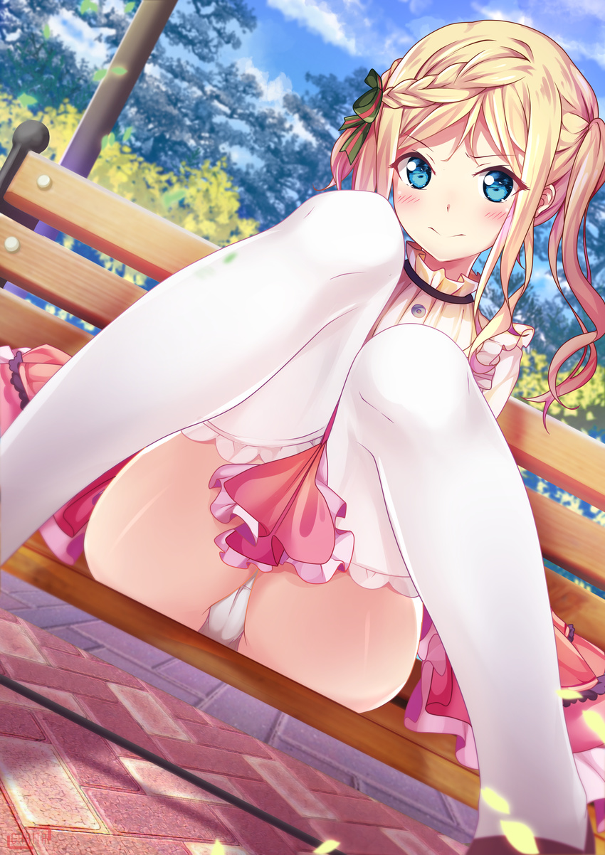 absurdres bench blonde_hair blue_eyes blush braid chrisandita closed_mouth collaboration dutch_angle eromanga_sensei frilled_legwear highres knees_together_feet_apart looking_at_viewer panties pantyshot pantyshot_(sitting) pink_skirt sitting skirt solo thighhighs twintails underwear white_legwear white_panties